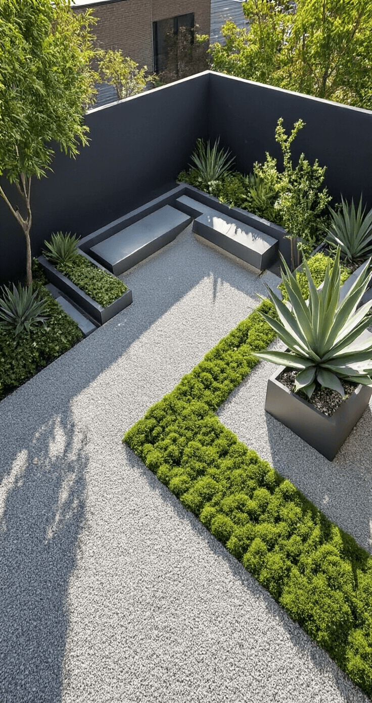 Aerial view of a modern minimalist courtyard garden featuring charcoal-colored walls, large architectural agaves in brushed metal planters, light gray angular gravel with geometric patterns, creeping thyme strips, and a dramatic Stipa gigantea, all highlighted by sharp shadows and high contrast lighting.
