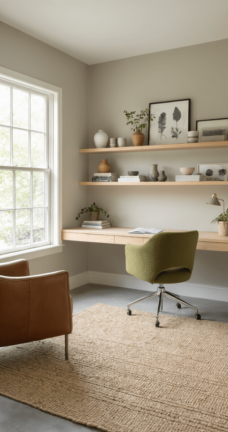 A serene home office featuring a floating ash wood desk, olive green ergonomic chair, and a cozy reading corner with a leather armchair. The room is illuminated by diffused afternoon light from a large north-facing window, with walls painted in soft greige and adorned with a gallery of black and white nature photographs. A jute rug covers the polished concrete floor, and a fiddle leaf fig tree adds greenery to the bright space.