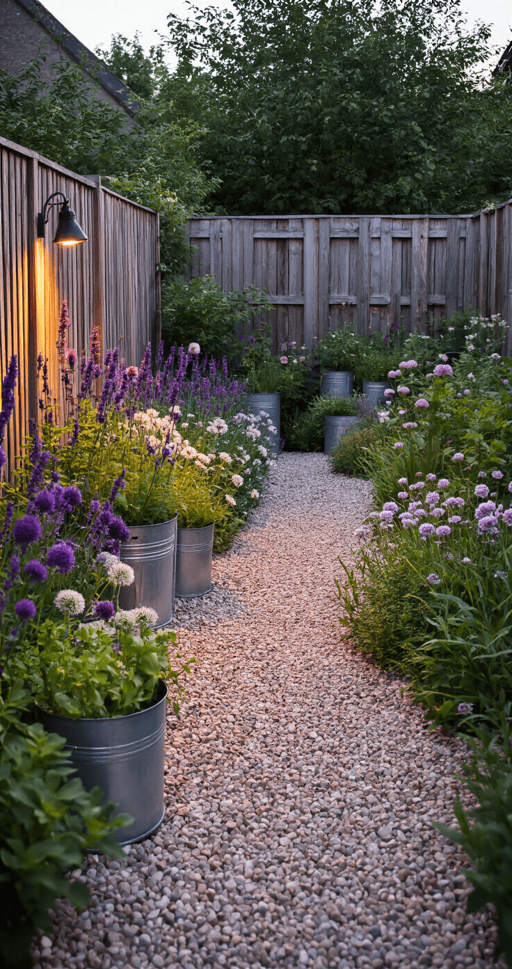 Intimate dusk scene of a cottage-style gravel garden enclosed by rustic wooden fencing, featuring overflowing salvias, alliums, and phlox, vintage zinc containers with herbs, warm-toned gravel, and soft evening light highlighting foreground textures.
