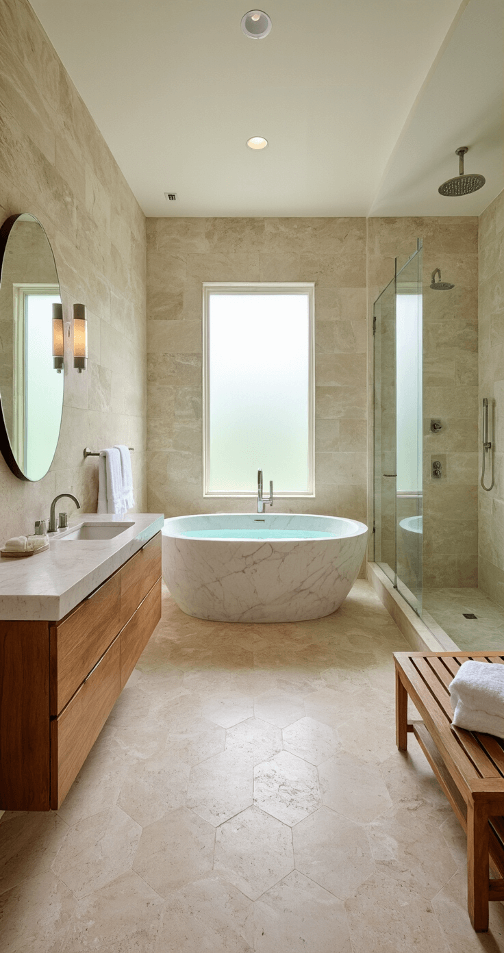 Luxurious master bathroom styled as a spa retreat, featuring a white marble freestanding bathtub, double wooden vanities with limestone counters, frameless glass walk-in shower, warm-toned travertine hexagon flooring, and lush greenery accents.