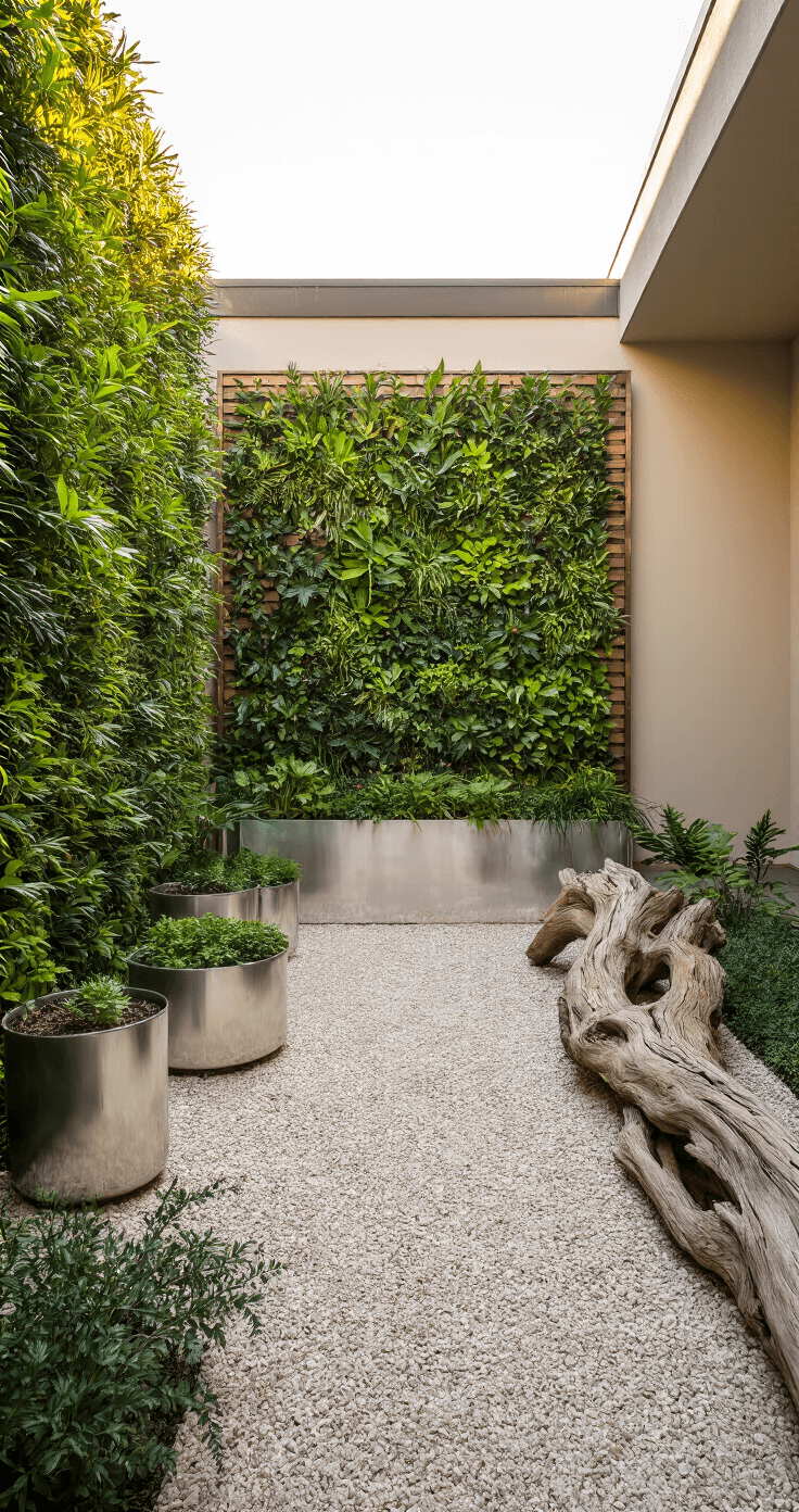 Urban courtyard oasis during morning golden hour featuring a vertical garden wall with drought-resistant plants in metallic planters, light-colored gravel reflecting sunlight, and a driftwood sculpture, all captured from a corner angle to emphasize depth.