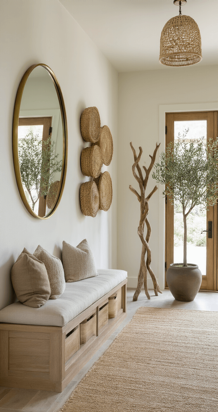 Welcoming entryway featuring a curved light oak console table with a round brass-framed mirror, a handwoven earth-toned runner, a built-in bench with natural linen cushions, woven baskets on the wall, a driftwood coat rack, and a ceramic planter with an olive tree, all set against warm creamy white walls and light oak flooring.