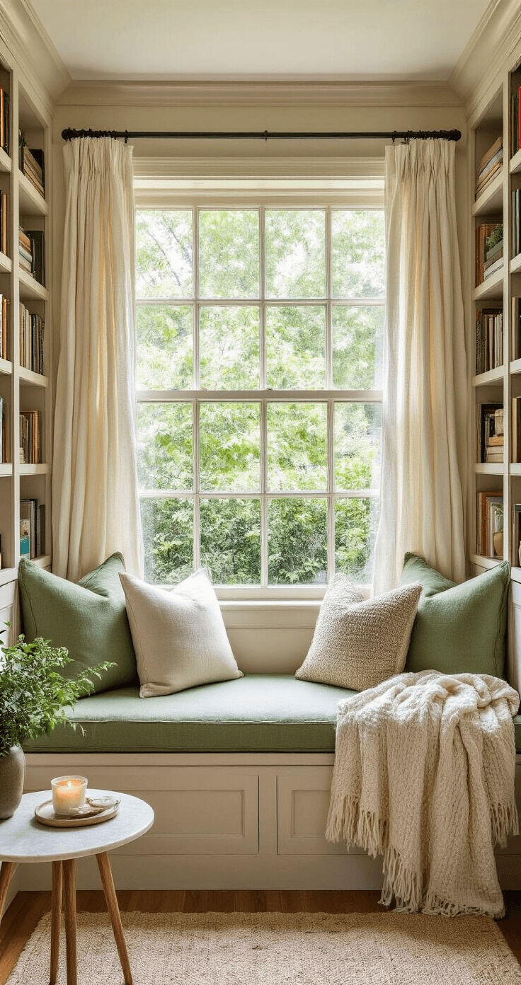 A serene reading nook in a bay window with a plush sage green window seat, surrounded by built-in wooden bookshelves filled with books and decorative items, illuminated by soft natural light filtering through sheer linen curtains, offering a view of a lush garden outside.