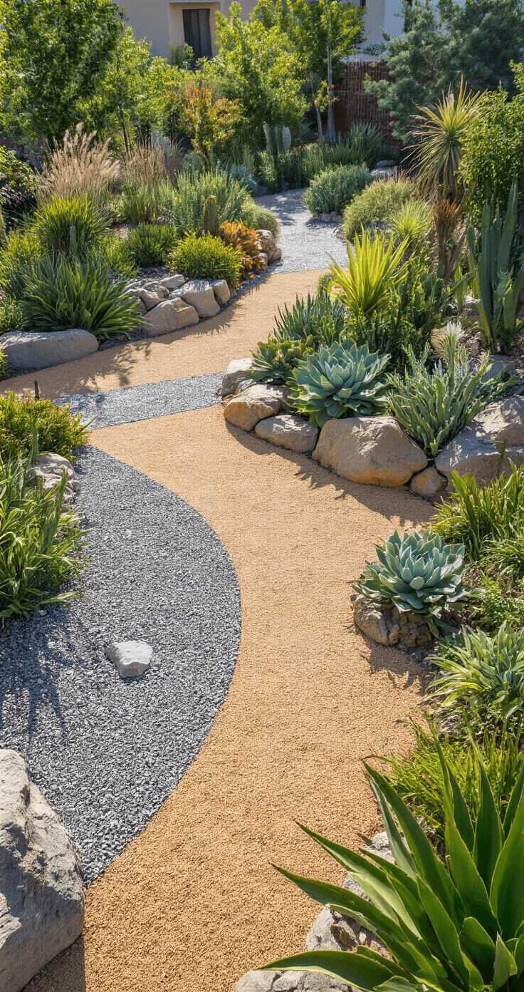 Aerial view of a 25x25ft water-wise demonstration garden featuring mixed height retaining walls, distinct gravel zones in silver and warm tan, dramatic succulents, native plants, and boulder accents, illuminated by bright lighting.