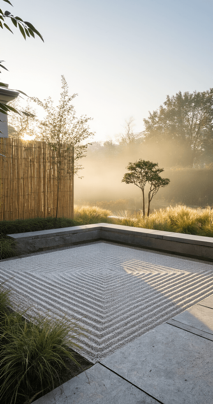 A serene Zen-inspired gravel courtyard at sunrise, featuring bamboo screening, ornamental grasses, and specimen trees, with raked gravel patterns, a natural stone seating area, and morning mist enveloping the peaceful scene.