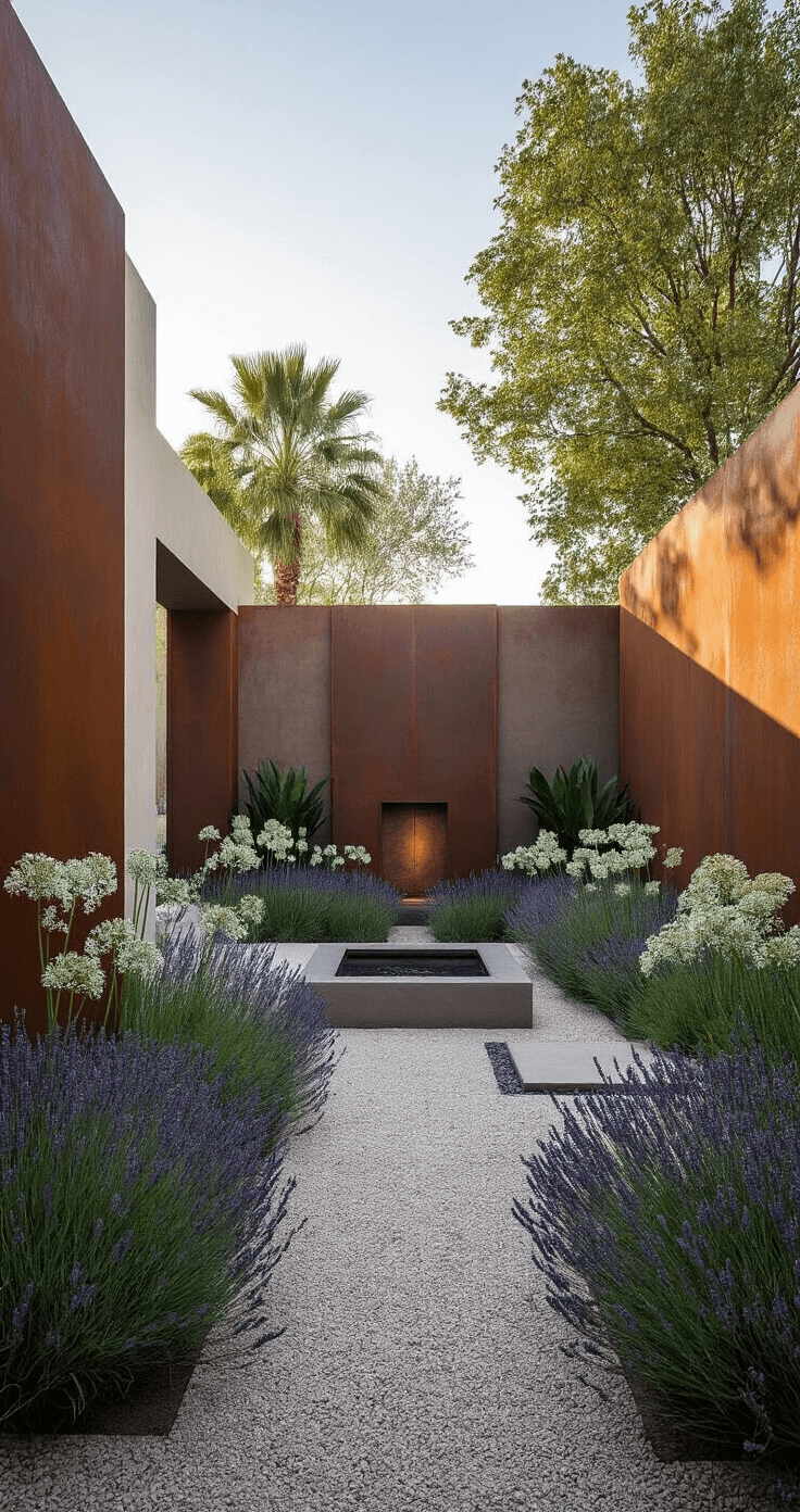 A Mediterranean-modern fusion courtyard featuring mixed material walls of stucco and corten steel, filled with agapanthus and lavender arranged against a geometric gravel design, with a contemporary water feature in the background, all illuminated by backlight creating dramatic plant silhouettes in a sophisticated yet relaxed atmosphere.