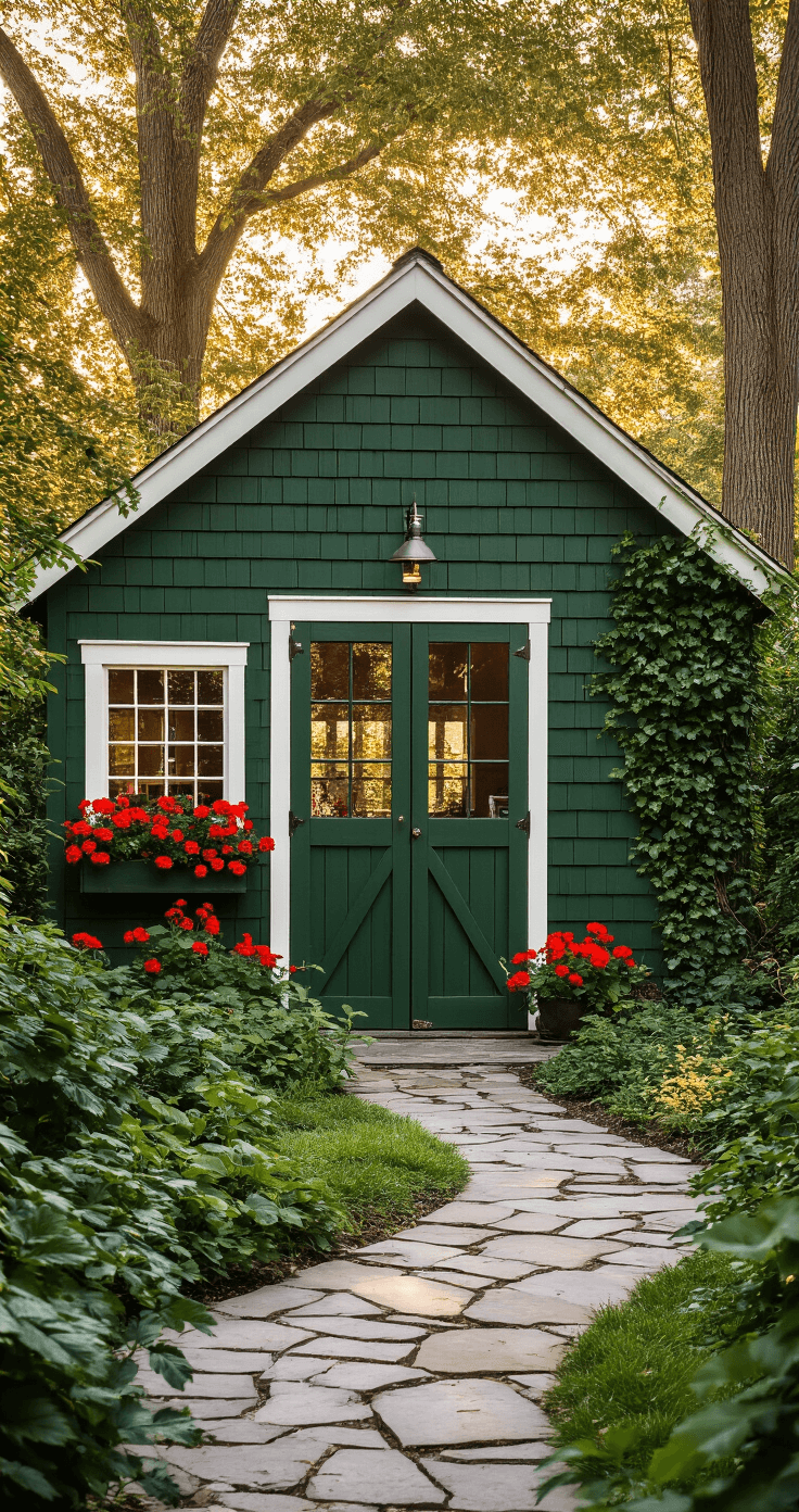 A rustic wooden garden shed in deep forest green, surrounded by mature evergreens at golden hour, featuring weathered cedar shingles, white trim, window boxes with red geraniums, a flagstone path, and climbing ivy, with dappled sunlight filtering through the tree canopy and creating a serene atmosphere.