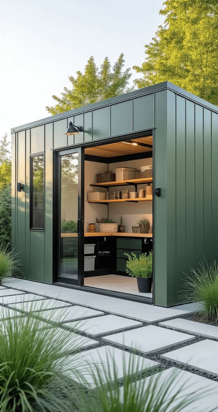Modern sage green metal garden shed with sleek powder-coated panels and black hardware, illuminated by mid-morning light, featuring floor-to-ceiling windows reflecting greenery, minimalist landscaping with ornamental grasses and concrete pavers, showcasing organized interior and potting station.