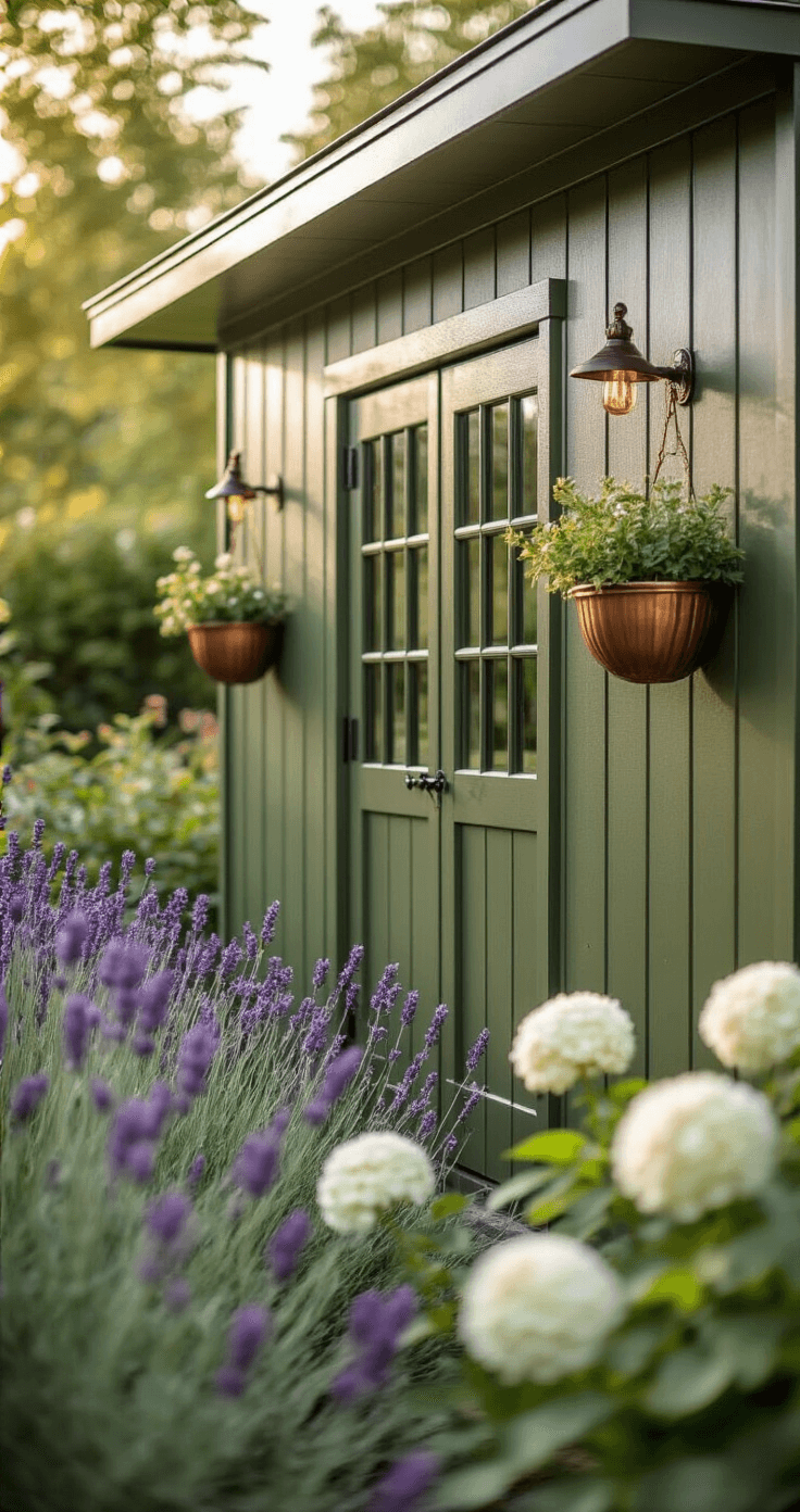 Intimate portrait of an olive green resin garden shed with slate gray trim, surrounded by lavender, roses, and white hydrangeas, captured in soft afternoon light with a shallow depth of field.