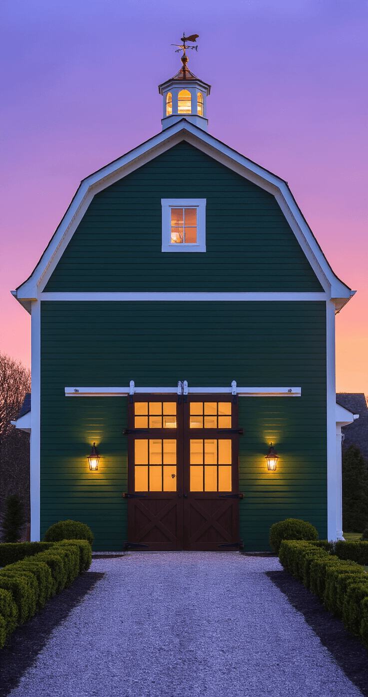 Dramatic dusk image of a large hunter green Amish-built shed, featuring traditional barn styling, illuminated by warm sconces, with a white cupola and copper weathervane against a purple-orange sky, flanked by boxwood plantings and a gravel drive.