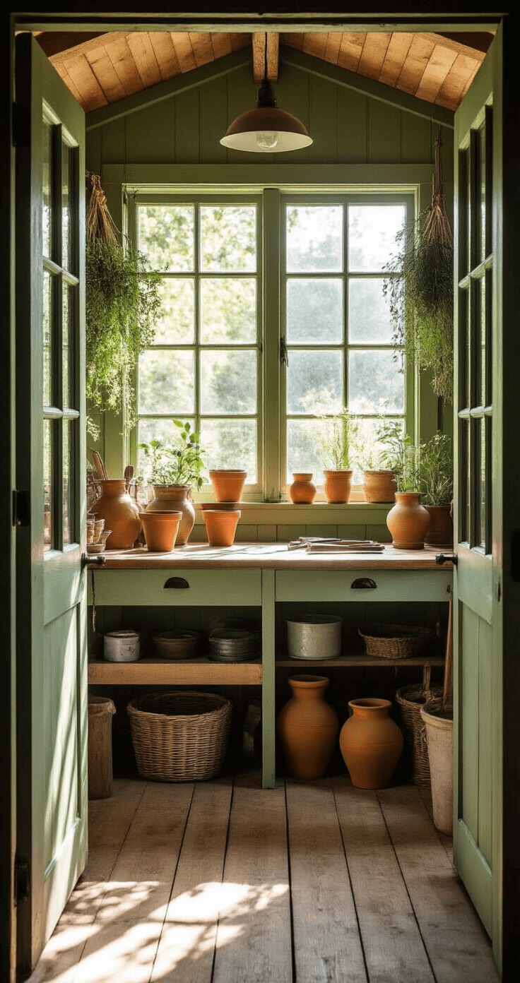 Interior of a sage green potting studio with a workbench, vintage tools, and terra cotta pots, captured through a dutch door in morning light, showcasing sunbeams, dried herbs, natural wood shelving, and galvanized metal accents.