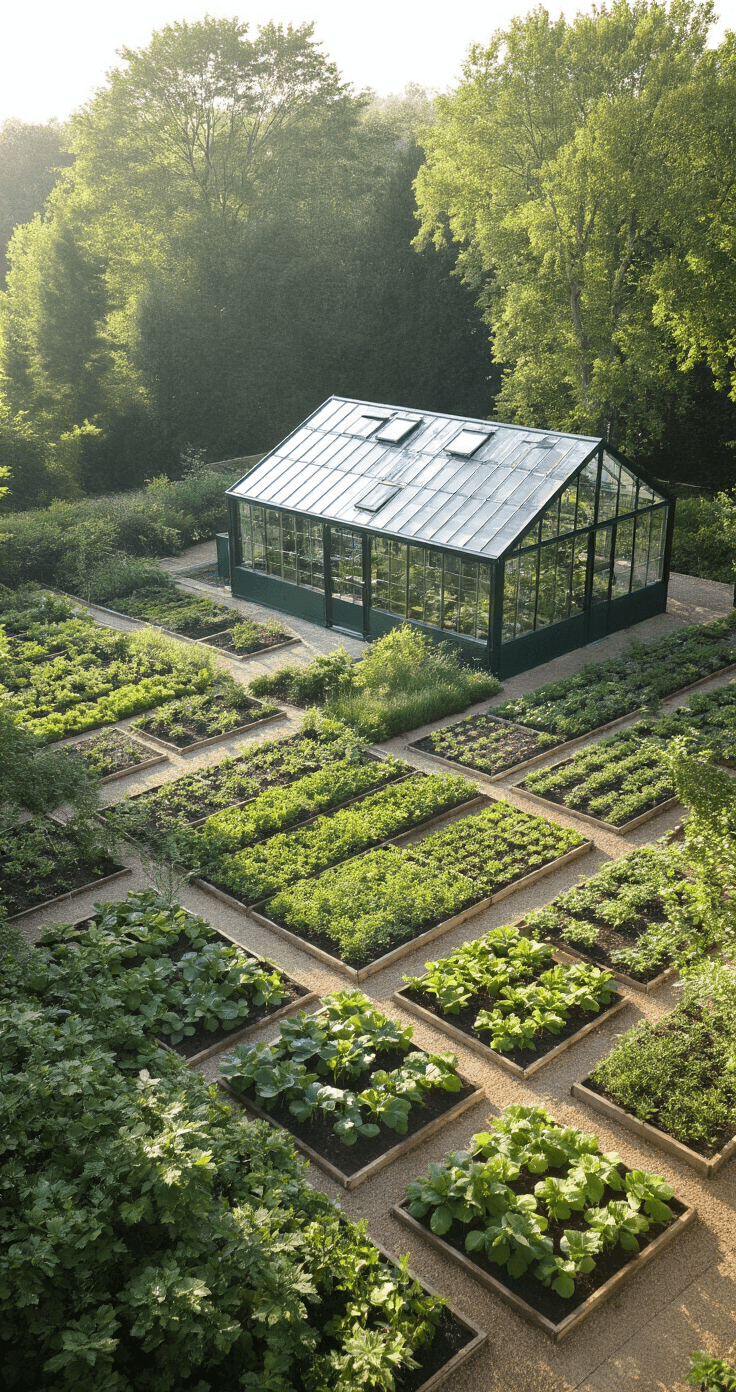 Aerial view of a 16x20ft forest green shed complex with a connected greenhouse extension, showcasing a geometric garden layout with structured vegetable and flower beds radiating from the central structure, illuminated by bright morning light and glistening morning dew on metal roofs.