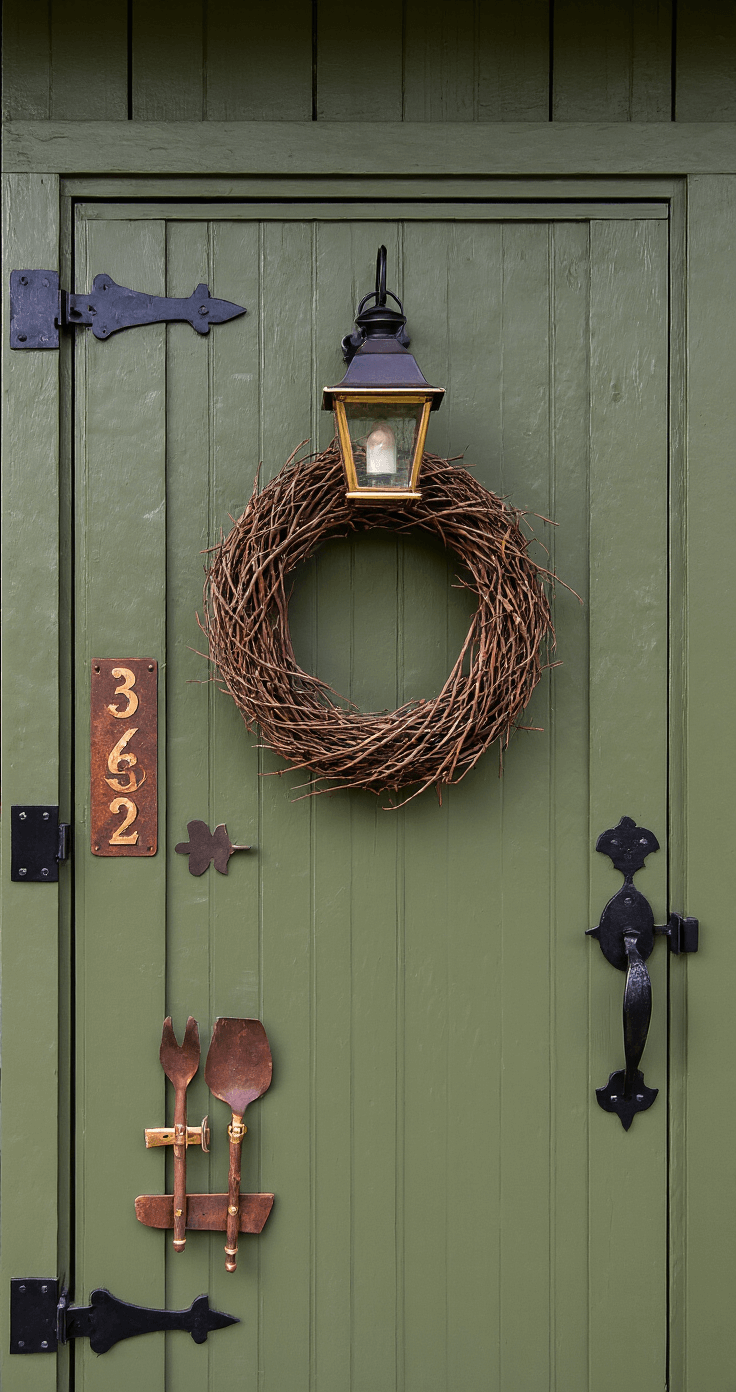 Detail shot of an artisanal olive green shed entrance showcasing hand-forged black hardware, an antique brass lantern, and a grapevine wreath on a textured door, with shallow depth of field highlighting the decorative elements, weathered copper address numbers, and vintage garden implements as wall art, all illuminated by early morning light and subtle fill flash.