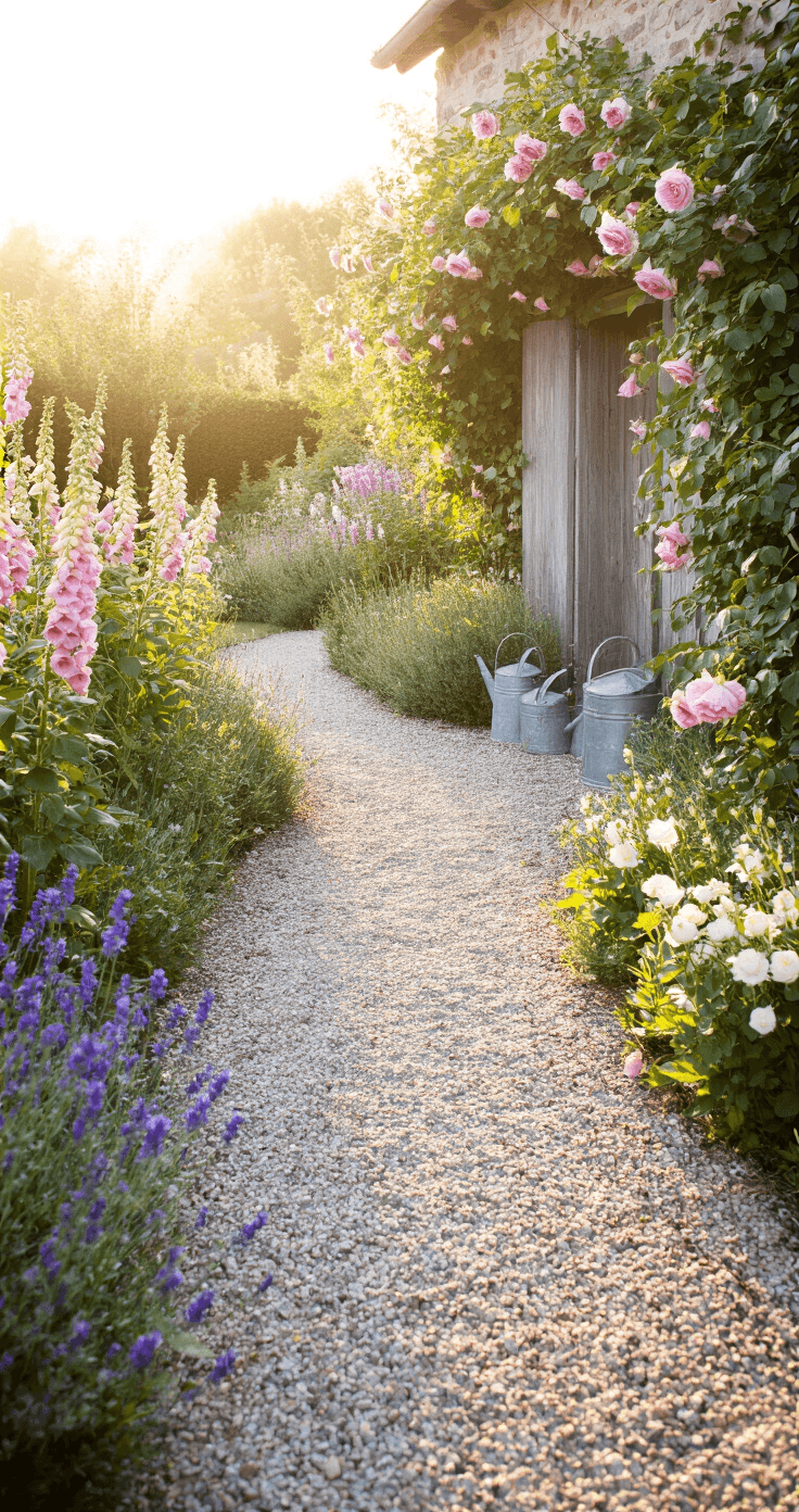 A sunlit cottage garden entrance at golden hour featuring a gravel pathway leading to a wooden door, surrounded by foxgloves, pink roses, lavender, and white peonies, with morning dew glistening on cobblestones and climbing clematis framing the scene.