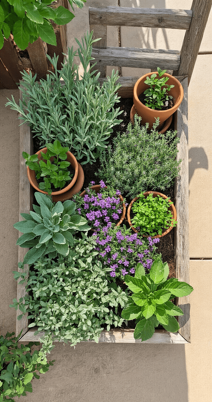 A bird's eye view of a cozy herb garden featuring a raised bed with weathered cedar borders filled with silver-green sage, purple thyme, and flowering oregano, surrounded by terracotta pots of various sizes. A rustic wooden ladder adds height, while afternoon sunlight casts intricate shadows over the textured herbs, highlighted by pops of purple and white flowers.