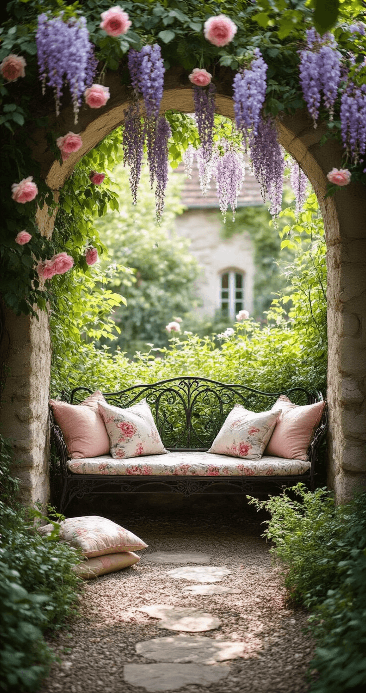 A cozy reading nook featuring a vintage iron bench in a lush garden alcove, surrounded by climbing antique pink roses and overhead wisteria, with scattered floral cushions and crystal wind chimes catching the light, set against a softly blurred backdrop of cottage architecture.