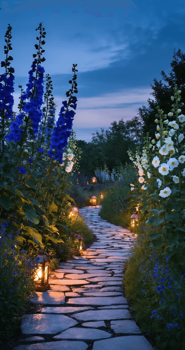 A low-angle view of a winding stone pathway illuminated by vintage copper lanterns and fairy lights, surrounded by tall delphiniums and hollyhocks casting dramatic silhouettes. White moonflowers bloom as dusk approaches, amidst a mixed border of gradient blues and purples, creating a moody evening atmosphere with warm lighting accents.