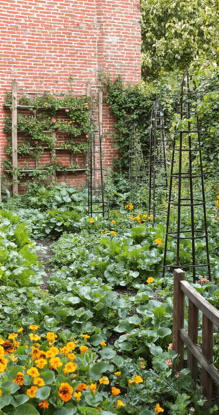 A vibrant morning kitchen garden featuring a 20x30 foot potager filled with vegetables and flowers, bordered by espaliered fruit trees along a weathered brick wall. Steel obelisks support climbing peas, while calendula and nasturtiums cover the ground. A wooden garden gate adorned with morning glory blooms is illuminated by soft morning light, highlighting the geometric layout of the garden.