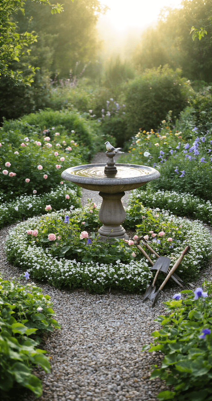 Aged stone birdbath surrounded by lush cascading roses, bellflowers, and lamb's ear in concentric circles, artfully arranged vintage garden tools nearby, illuminated by early morning backlight creating a soft glow on water droplets, captured in shallow depth of field.