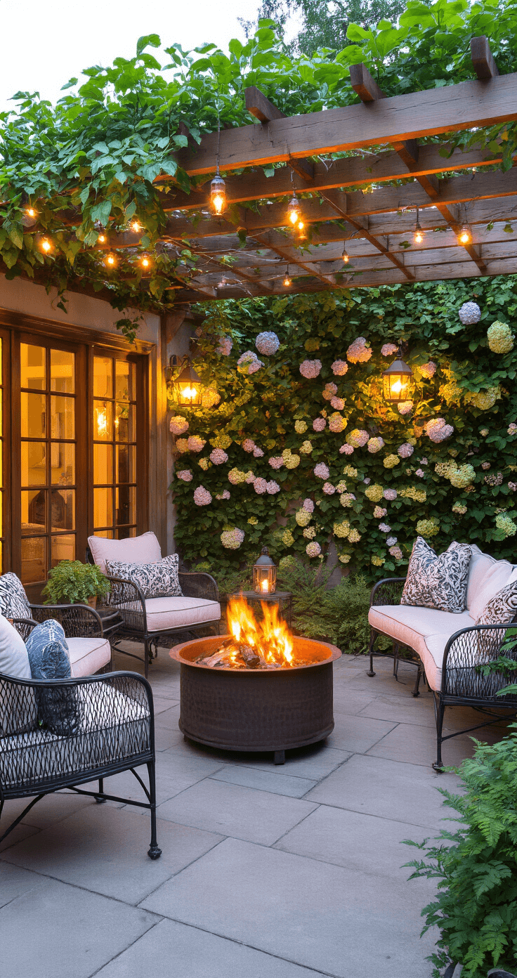 Evening garden room with a natural wooden pergola, surrounded by climbing hydrangea and jasmine, featuring mismatched vintage furniture around an iron fire pit, illuminated by copper string lights and lanterns, all captured in warm, soft evening light.