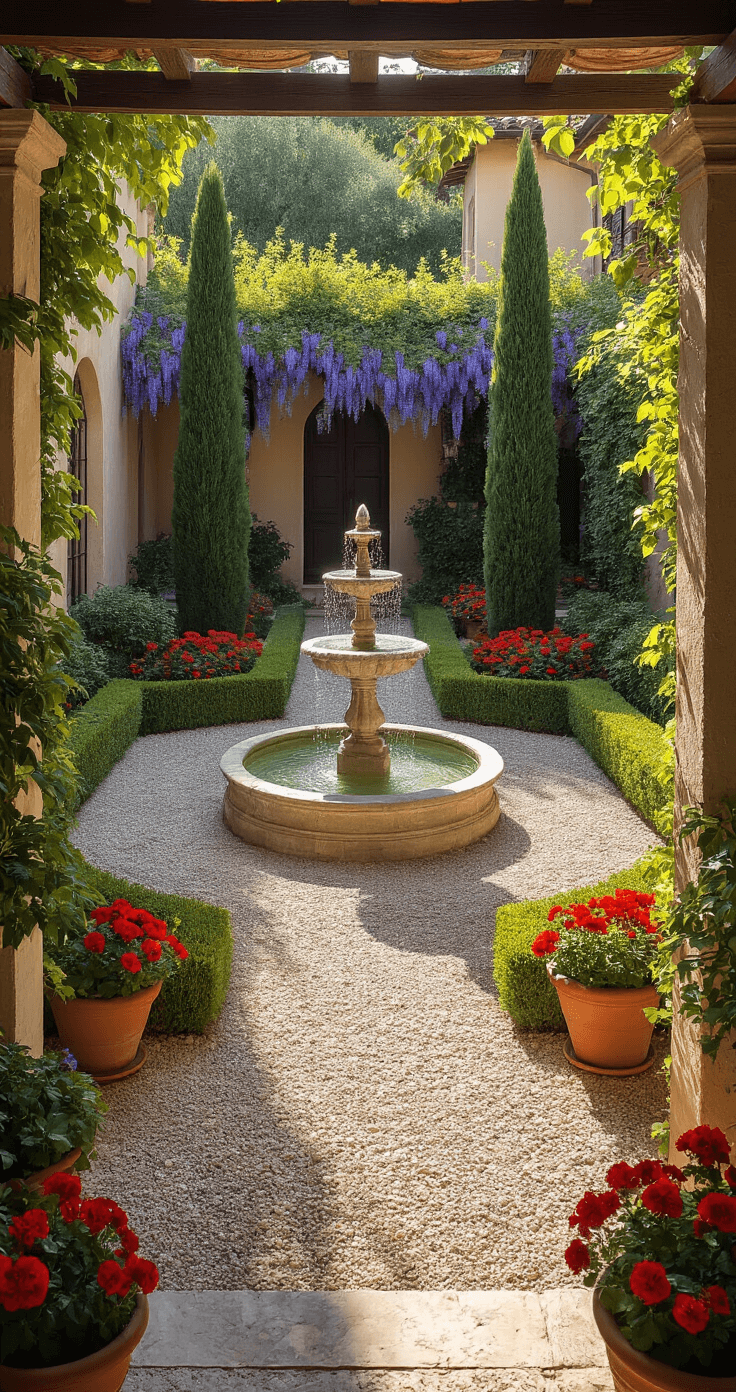 A sunlit Italian courtyard garden with symmetrical gravel pathways leading to a central three-tiered limestone fountain, framed by manicured cypress trees and boxwood hedges, surrounded by terracotta pots of red geraniums, under a rustic pergola draped in wisteria, capturing the golden light and long shadows of late afternoon.