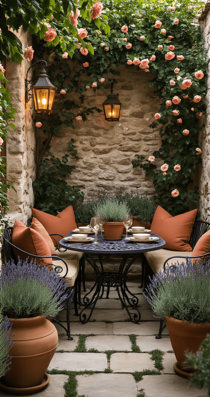 Intimate courtyard seating area at magic hour, featuring a weathered stone wall with climbing roses, an antique wrought iron table, mismatched terracotta pots with lavender and rosemary, warm copper lanterns, handwoven cushions in burnt sienna and sage, and stone pavers with thyme.