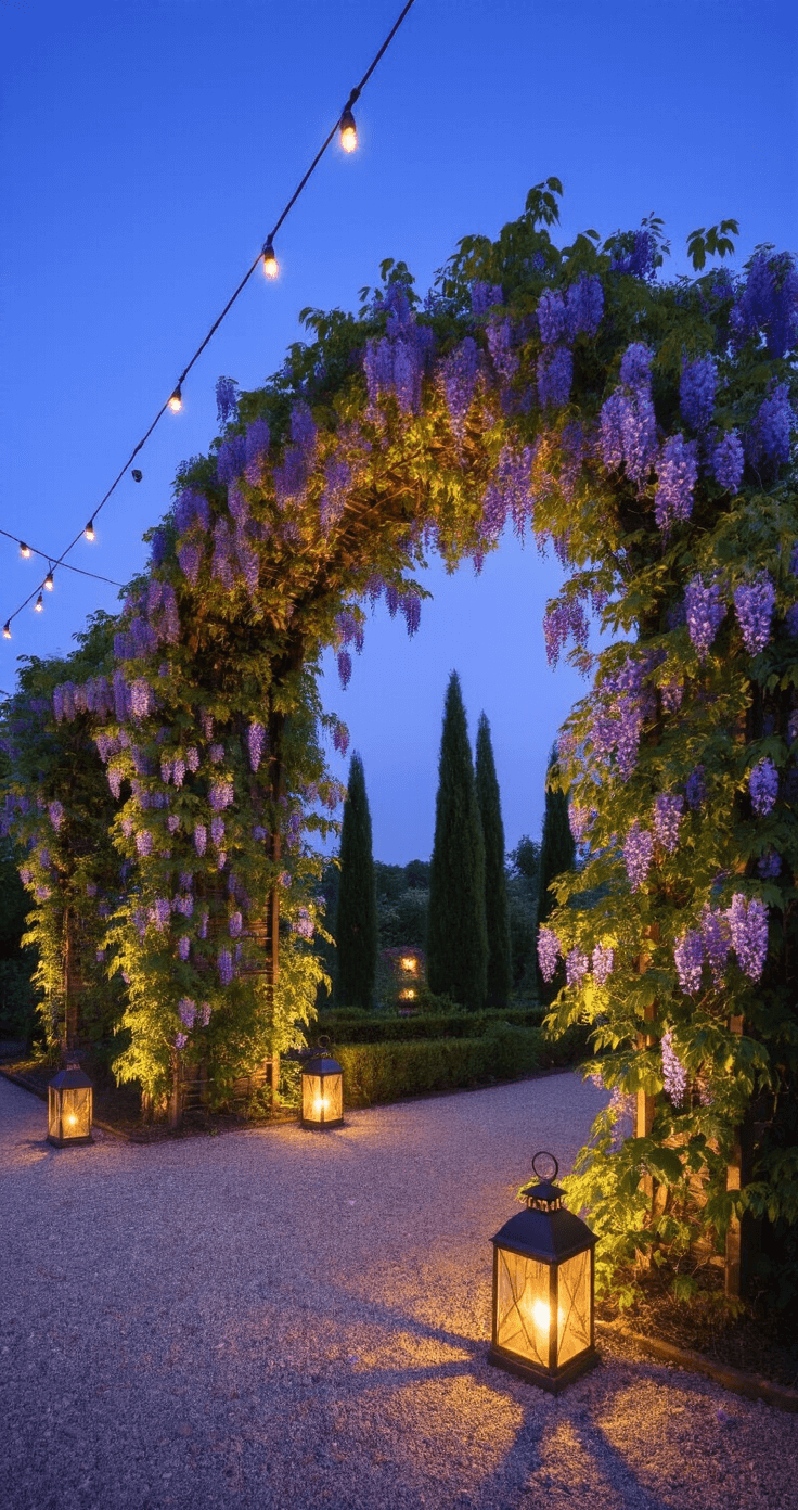 Dramatic dusk scene of a vertical garden with a 12ft wisteria-covered archway, twinkling string lights, iron lanterns illuminating gravel paths, and cypress trees silhouetted against a deep blue twilight sky, captured from ground level to emphasize height and ambiance.