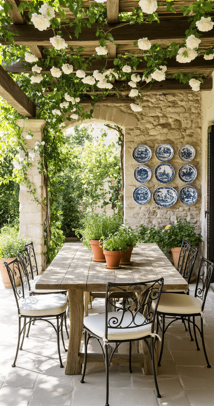 A sunlit pergola-covered dining area featuring a reclaimed wooden table adorned with terracotta pots of herbs, surrounded by wrought iron chairs with cream cushions. Stone walls display mounted Italian ceramic plates, while white climbing roses frame the entrance, captured with a shallow depth of field to highlight the table setting.