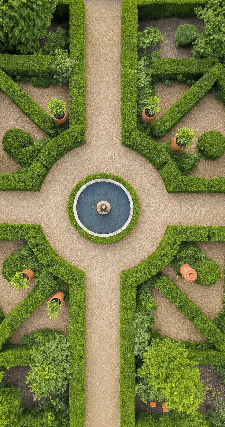 Aerial view of a geometric garden with boxwood parterre patterns, gravel pathways, potted citrus trees, and a central circular fountain, adorned with morning dew.
