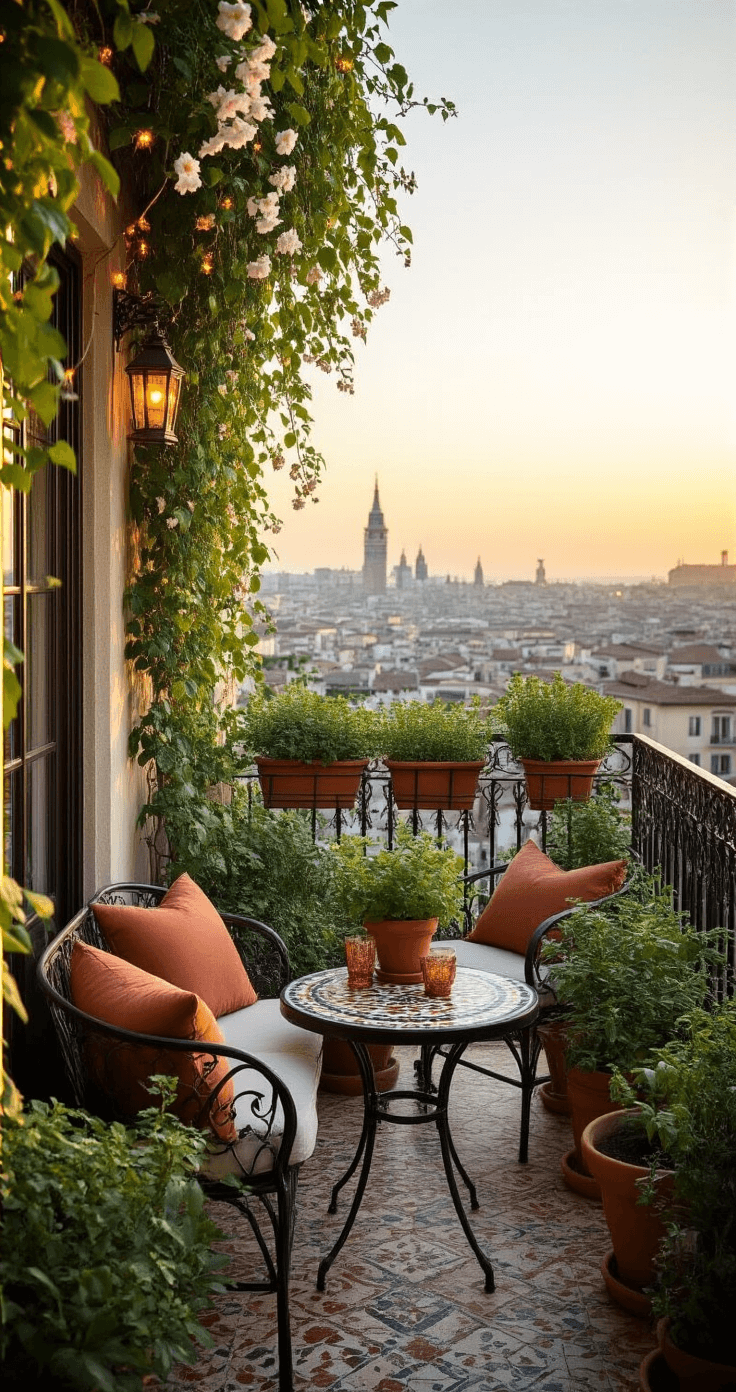 A cozy balcony transformed into a miniature Italian courtyard at golden hour, featuring a wrought iron railing draped with climbing jasmine, terracotta pots with Mediterranean herbs and flowers, a mosaic bistro set with plush cushions, and warm copper string lights and lanterns.