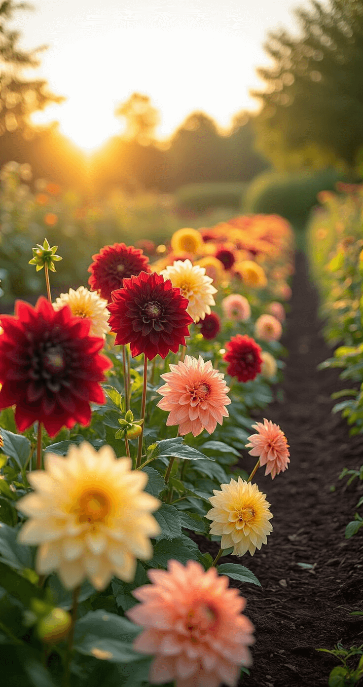 A sunlit raised garden bed at golden hour, featuring vibrant blooming dahlias of various heights and colors, including deep burgundy and coral pink dinner plate varieties in the back and smaller lemony yellow and soft peach pompom types in the front, set against rich dark soil with fresh mulch, captured at a 45-degree angle with lens flare enhancing dew drops on the petals.