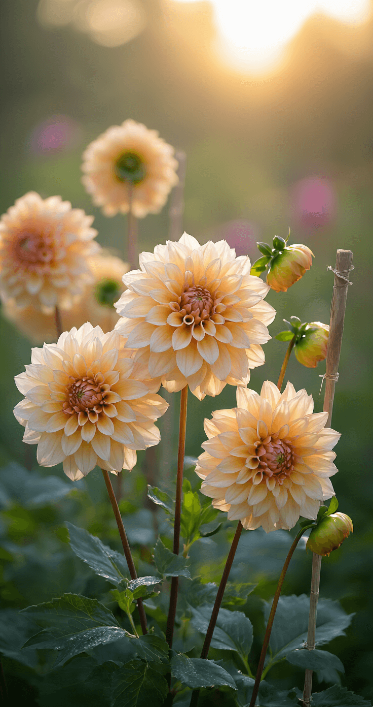 Close-up of a café au lait dahlia in a morning garden, showcasing an 8-inch bloom heavy with dew, surrounded by gentle stakes and twine. The background features a soft bokeh effect, highlighting the intricate petal structure, with the shot taken from slightly below eye level to emphasize grandeur.