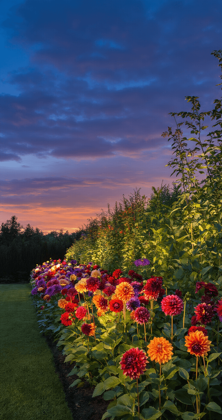 A twilight garden scene featuring a 20-foot border of vibrant dahlias in jewel tones, illuminated by warm landscape lighting, with towering plants casting architectural silhouettes against a deep blue sky.