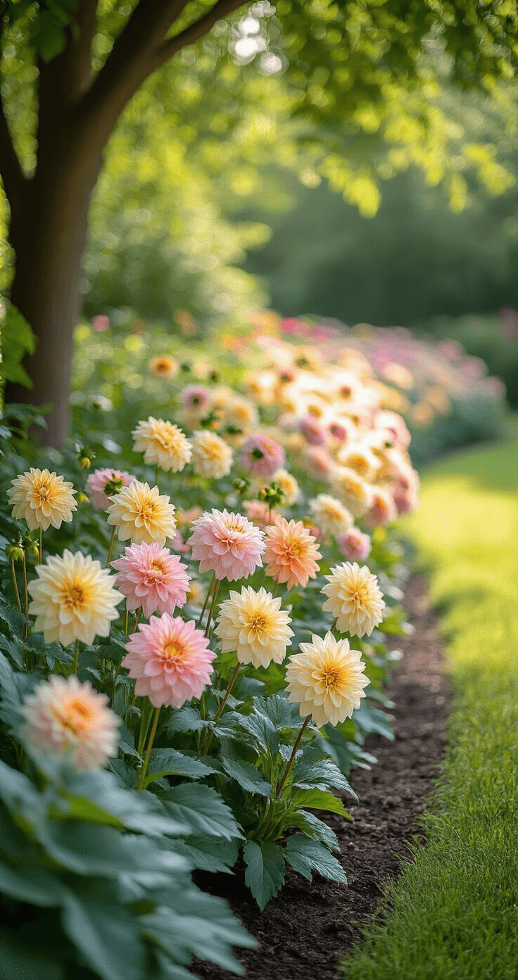 A ground-level view of a compact dahlia border in a shaded garden, featuring pastel blooms in shell pink, butter yellow, and cream, arranged in a curved bed beneath dappled tree cover. The soft midday light filters through the tree canopy, casting spotted light effects on the colorful flowers and contrasting foliage.