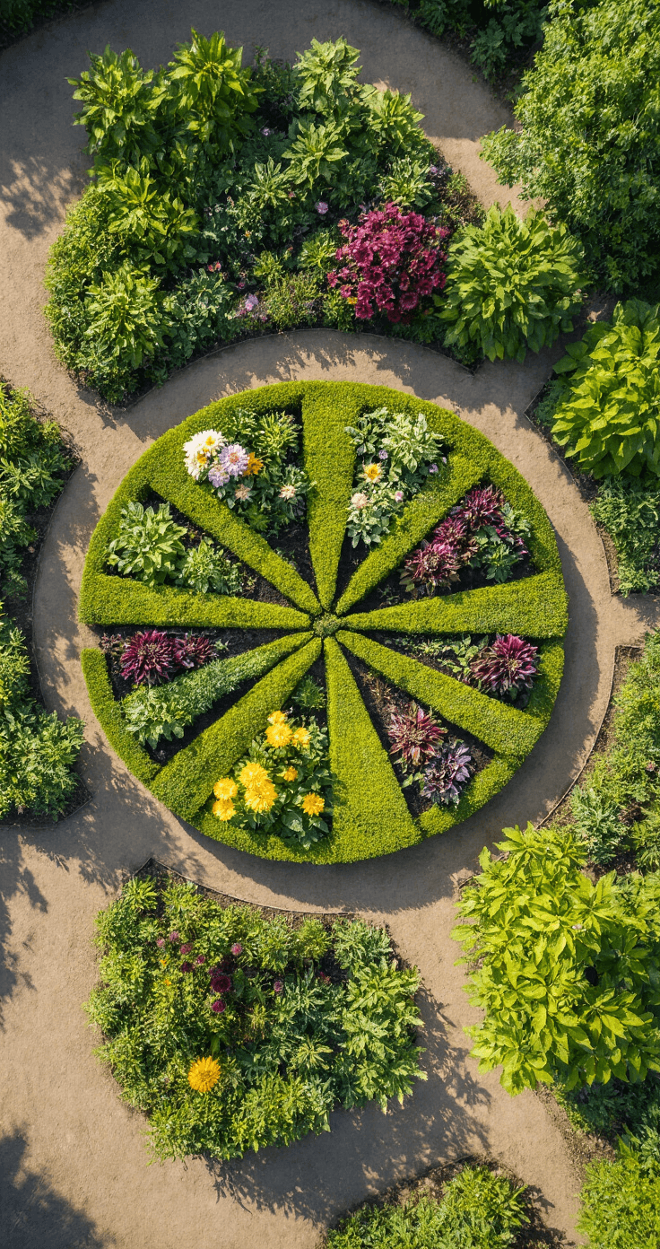 Bird's-eye view of a circular dahlia garden featuring a spoke-like planting pattern with eight wedge-shaped sections in varying color themes, showcasing a gradient of plant heights from 2 feet at the center to 5 feet at the edge, with sharp shadows emphasizing the geometric precision of the layout.