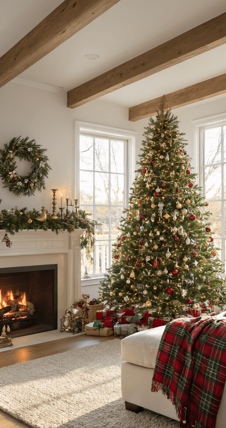 Cozy living room with vaulted ceilings, featuring a beautifully decorated 7-foot Fraser fir Christmas tree in the corner, illuminated by golden hour sunlight. A plush cream sofa and a fireplace adorned with a pine garland complete the warm ambiance.