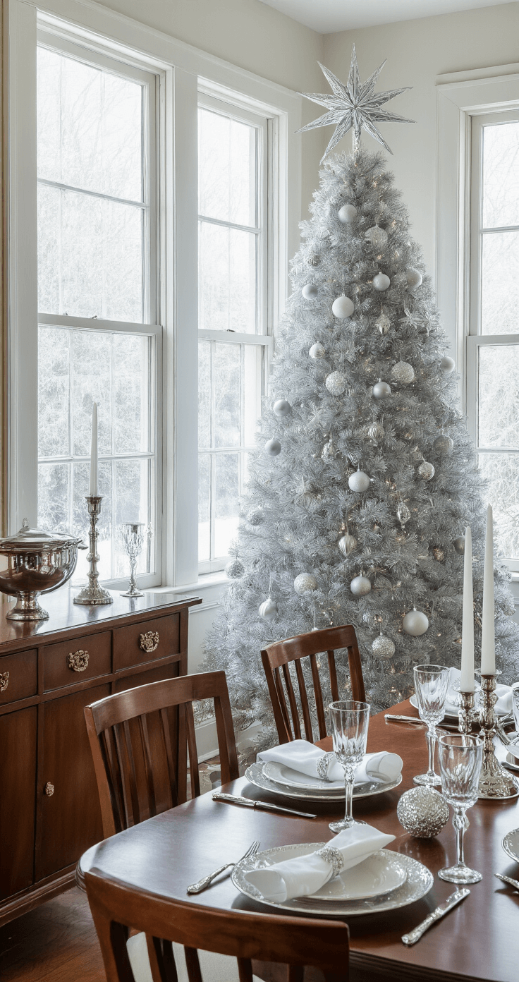 An elegant dining room featuring a silver tinsel Christmas tree between a mahogany sideboard and a mid-century modern dining set, illuminated by cool morning light from frost-covered windows. The tree is decorated with silver and white ornaments, while the sideboard displays crystal champagne flutes and a silver punch bowl. The dining table is set with fine china, white linens, and white tapered candles in silver holders, all bathed in a sophisticated, wintry atmosphere.