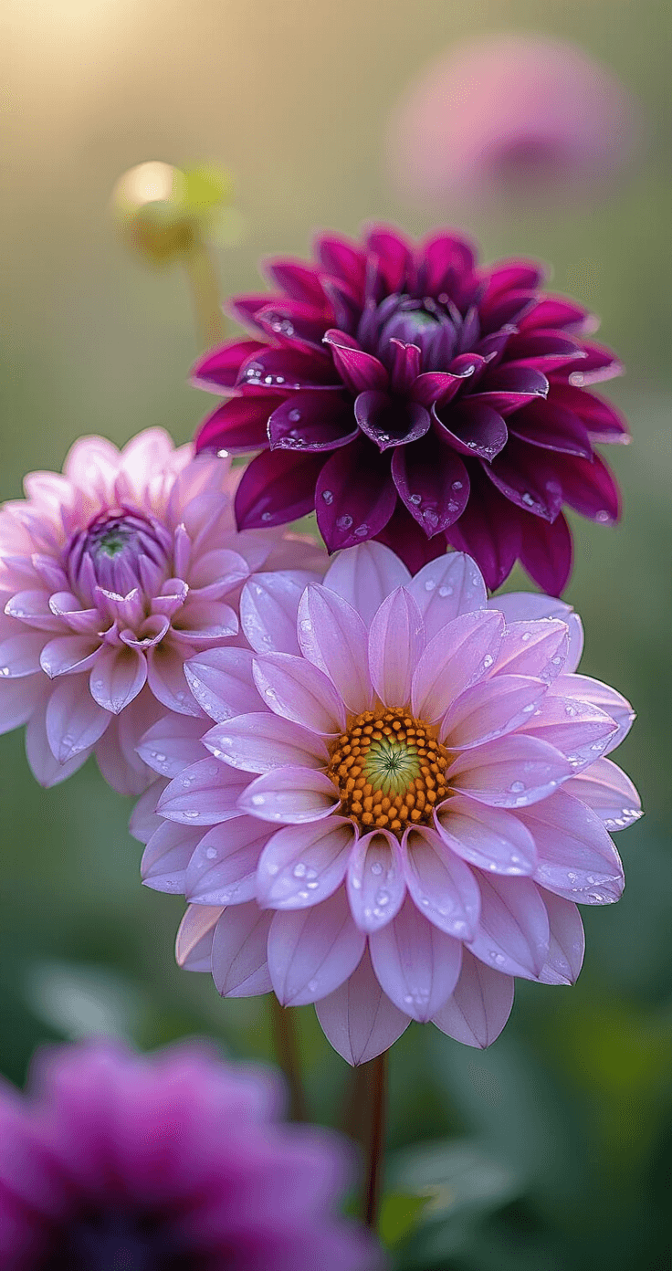 Close-up of three varieties of dahlias in purple shades, ranging from deep eggplant to silvery lavender, with water droplets on their petals. The macro photography highlights intricate flower centers against a softly blurred garden background.