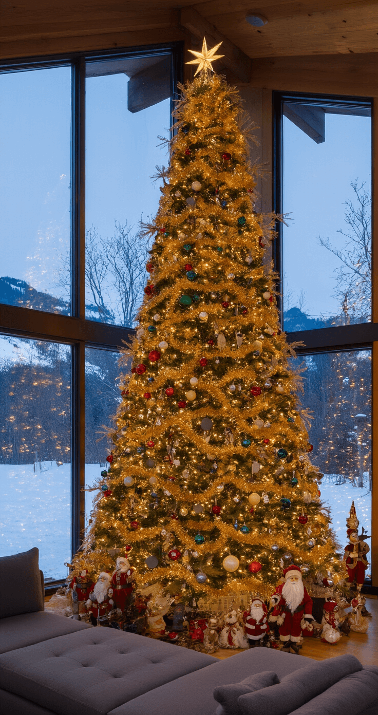 A spacious great room with floor-to-ceiling windows showcasing a snowy landscape at dusk, illuminated by a grand vintage-charms 9-foot Noble fir adorned with gold tinsel, jewel-toned glass ornaments, delicate glass birds, and jingle bells. Modern grey sectional sofas and brass side tables contrast with a collection of vintage Santa and reindeer figurines around the tree's base, all dramatically lit against darkening windows.