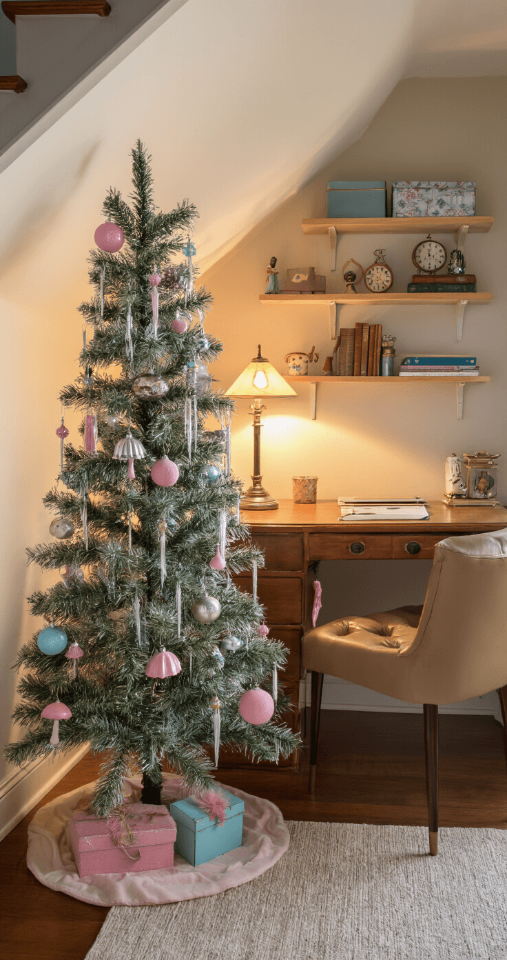 A cozy home office nook under a staircase, featuring a slim artificial Christmas tree decorated in pastel colors and quirky vintage ornaments, with a vintage wooden desk, tufted leather chair, and warm lamp light creating a festive atmosphere on a cloudy afternoon.