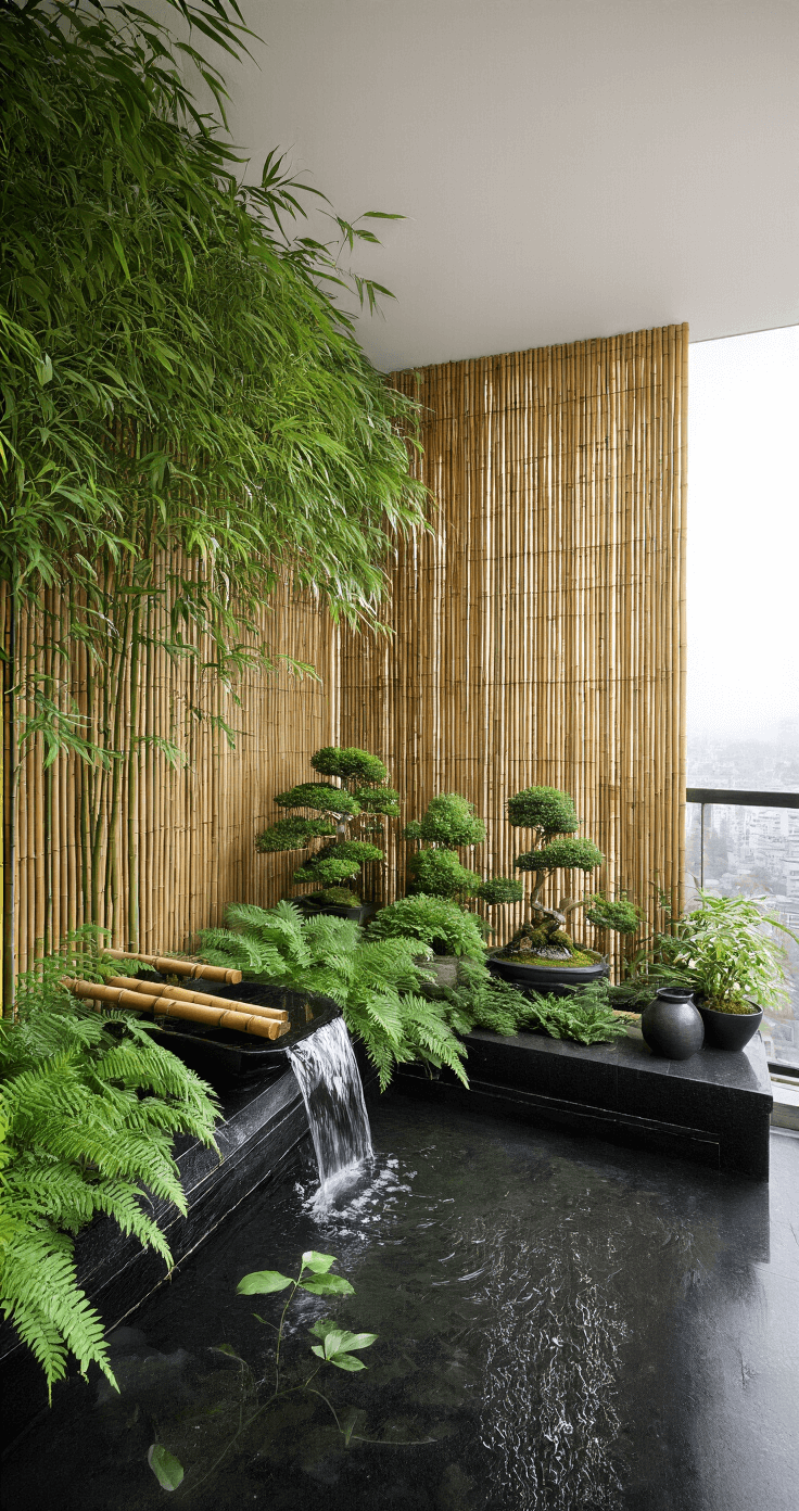Intimate balcony at dawn featuring a vertical Japanese garden with bamboo screening, cascading ferns, and potted bonsai, complemented by a black granite water basin and bamboo fountain, all enveloped in morning mist and a monochromatic green palette.