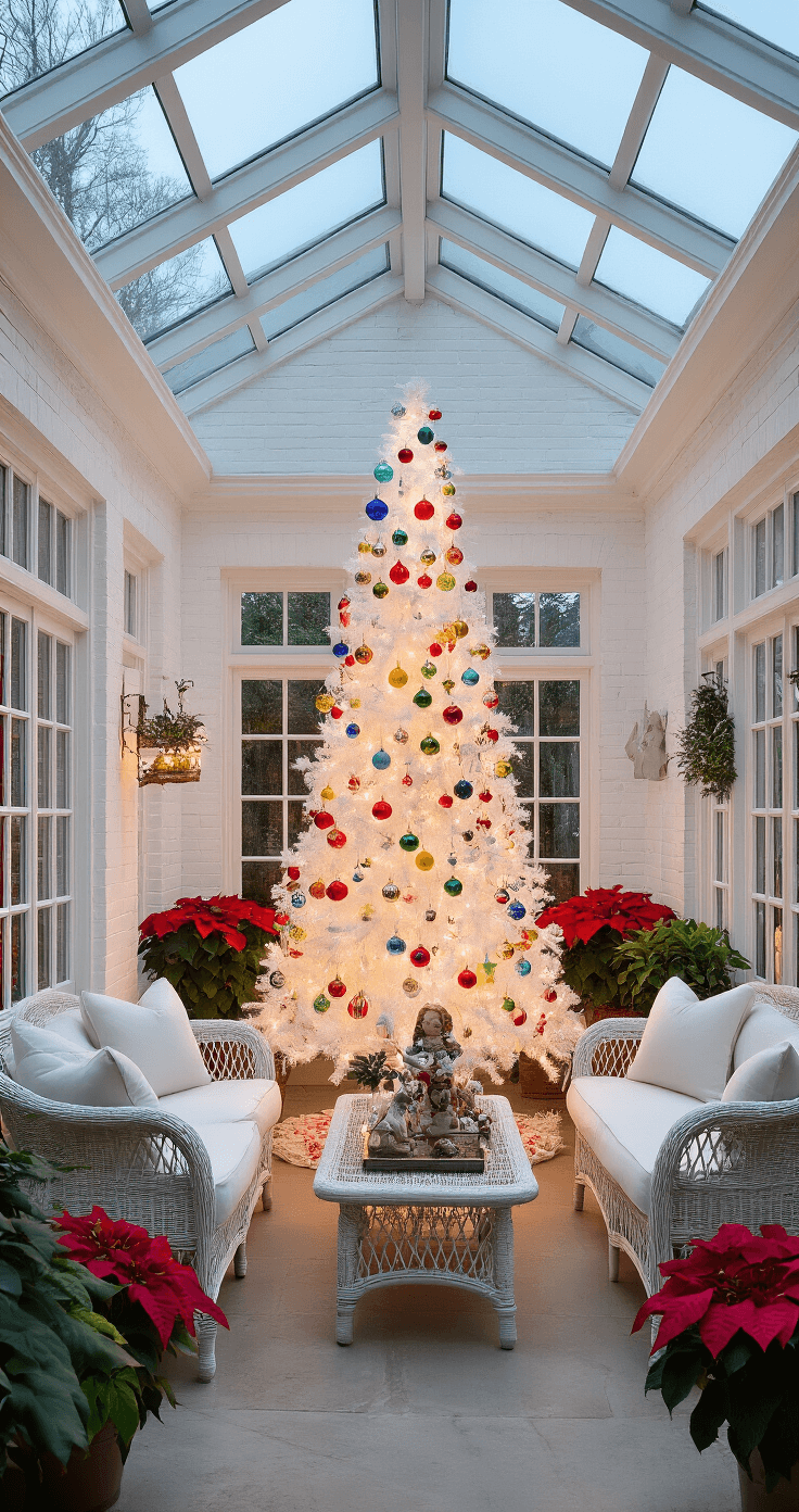 A whimsical sunroom featuring a big white flocked Christmas tree adorned with colorful vintage glass ornaments, surrounded by rattan furniture and potted poinsettias, under a pitched glass ceiling with early evening light casting shadows.
