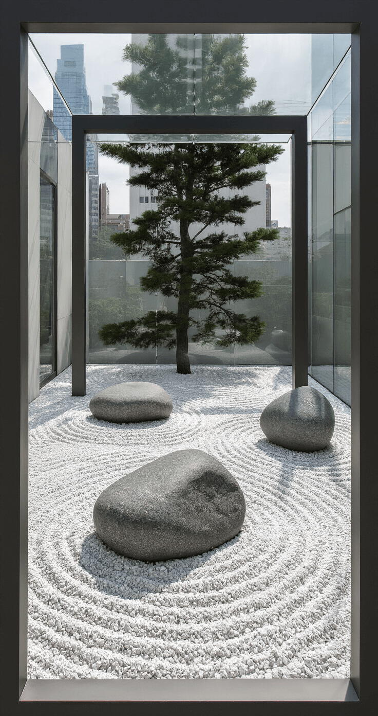 A contemporary 12x12ft meditation garden with sculptural stones and crushed white granite, photographed through an architectural frame at midday, featuring a black pine casting shadows and glass panels reflecting the cityscape in a grayscale palette with a single green accent.