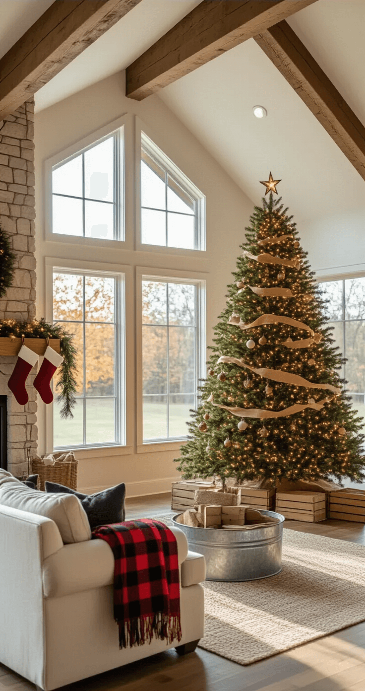 A spacious farmhouse living room with vaulted ceilings features a 9-foot Christmas tree in the corner, adorned with warm white lights and wooden ornaments. A plush cream sofa with a buffalo plaid throw faces a stone fireplace decorated with stockings and a dried orange slice garland. The warm afternoon light streams through large windows, creating a cozy, nostalgic atmosphere.