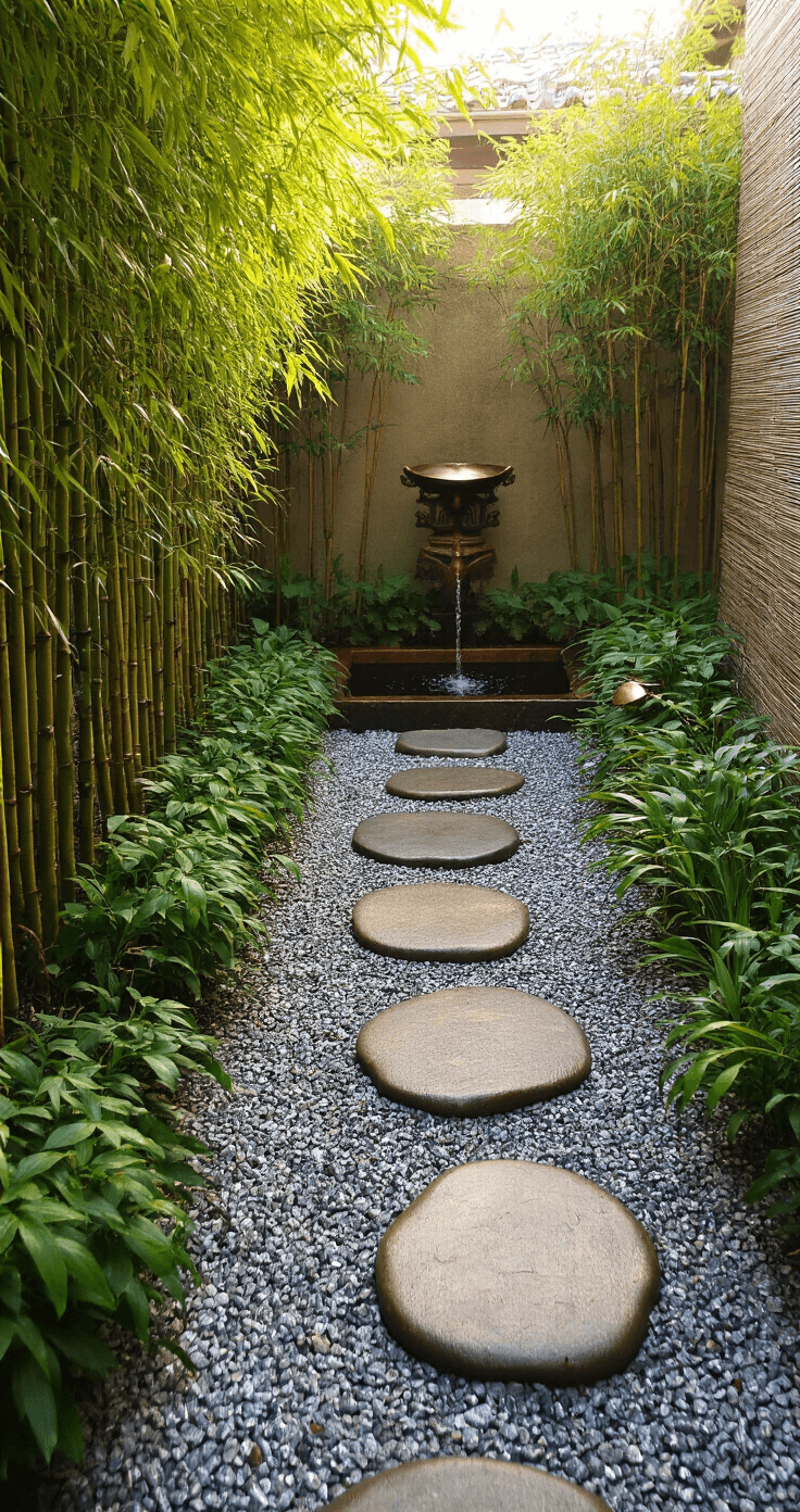 A narrow side yard garden features stepping stones over silver gravel, leading to an antique bronze tsukubai, surrounded by dwarf bamboo creating a lush wall, with a copper rain chain directing water into a hidden reservoir, all bathed in soft morning light.