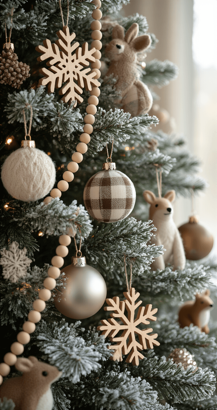 Close-up of a flocked artificial Christmas tree section adorned with farmhouse-style ornaments, including wooden snowflakes, fabric-covered balls in muted plaids, mercury glass baubles, and felt woodland animals, all illuminated by soft morning light with a warm glow.