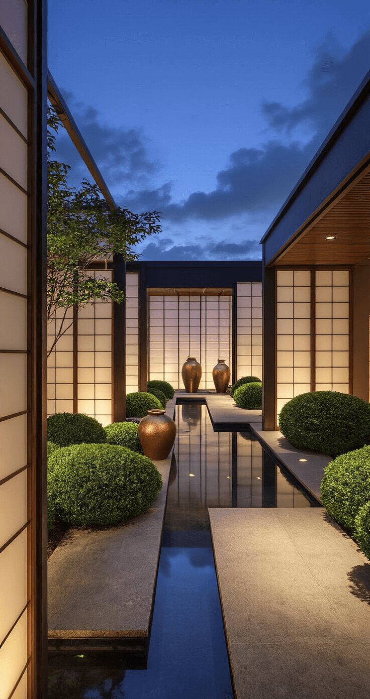 A 10x10ft indoor-outdoor courtyard at twilight, framed by shoji screens, features illuminated ceramic vessels and cloud-pruned shrubs. LED uplighting casts dramatic shadows, and a reflective pool mirrors the sky. The space is captured with a wide-angle lens in a navy and white color scheme with copper accents.