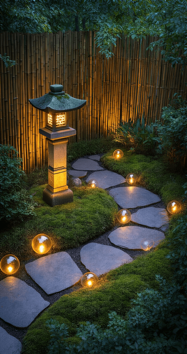 Aerial view of a compact 5x7ft entry garden at dusk featuring a moss-covered stone lantern, a bamboo fence, and a curved pathway, with glass orbs reflecting the last light and hidden spotlights casting an enchanting glow over lush greens and warm amber tones.