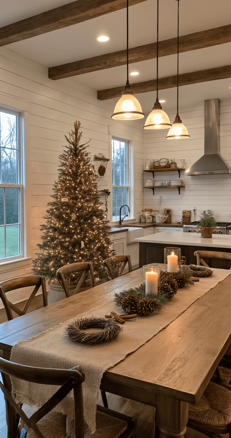 Wide-angle view of a cozy farmhouse kitchen and dining area with shiplap walls and hardwood floors, featuring a decorated twig tree, a burlap runner on the dining table, and warm artificial lighting for an inviting evening atmosphere.