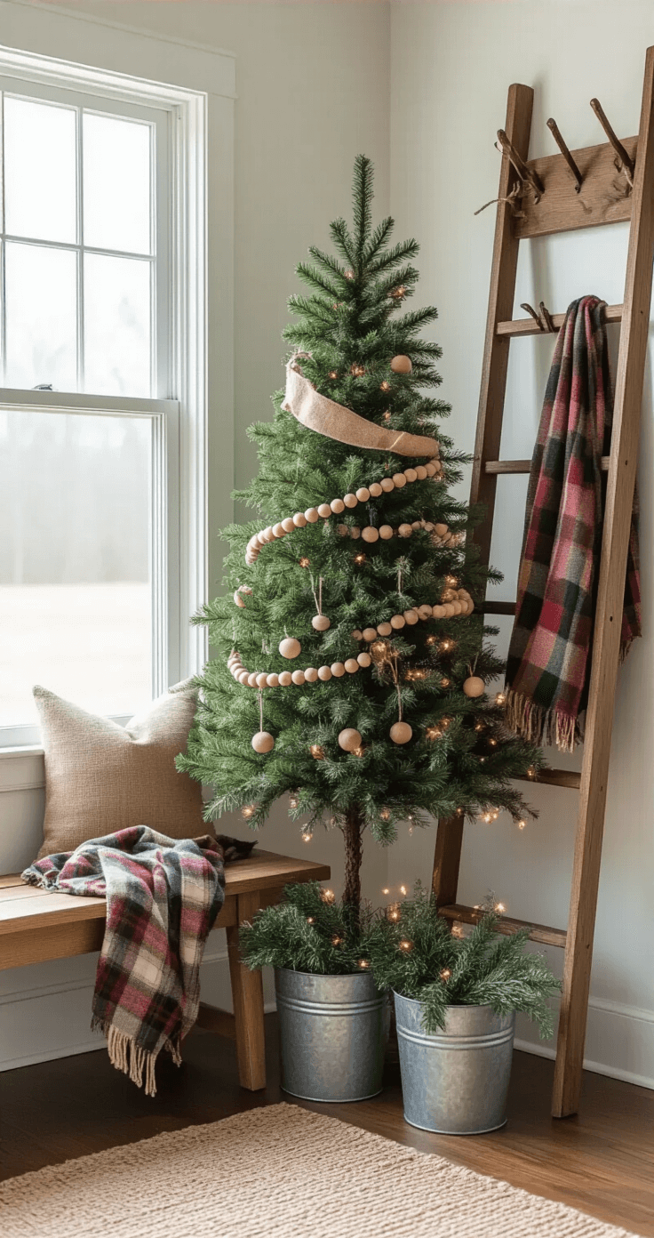 Medium shot of a cozy farmhouse entryway featuring a coat rack and bench, with natural daylight illuminating a 4-foot Norfolk pine decorated as a Christmas tree with oversized wooden beads and small galvanized buckets of greenery. A vintage ladder draped with a plaid blanket and strung with fairy lights leans against the wall, creating a warm and inviting atmosphere.